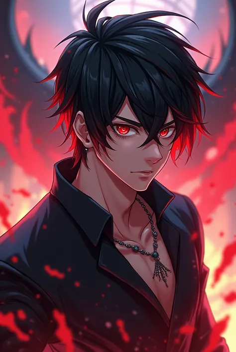  Handsome boy medium length black hair with red details, manly, young red-eyed teenager , Main cast style of the anime Dandadan Forma Yokai