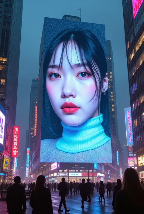 Голограмма в большом городе 



Huge holographic projection of an Asian womans face Seulgi from Red Velvet  on the side of high-rise buildings, in the style of cyberpunk, with neon lights and people walking in front of it.