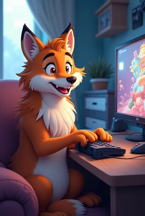 A happy wolf playing video games sitting down and let the name be Khronocatix Studio 
