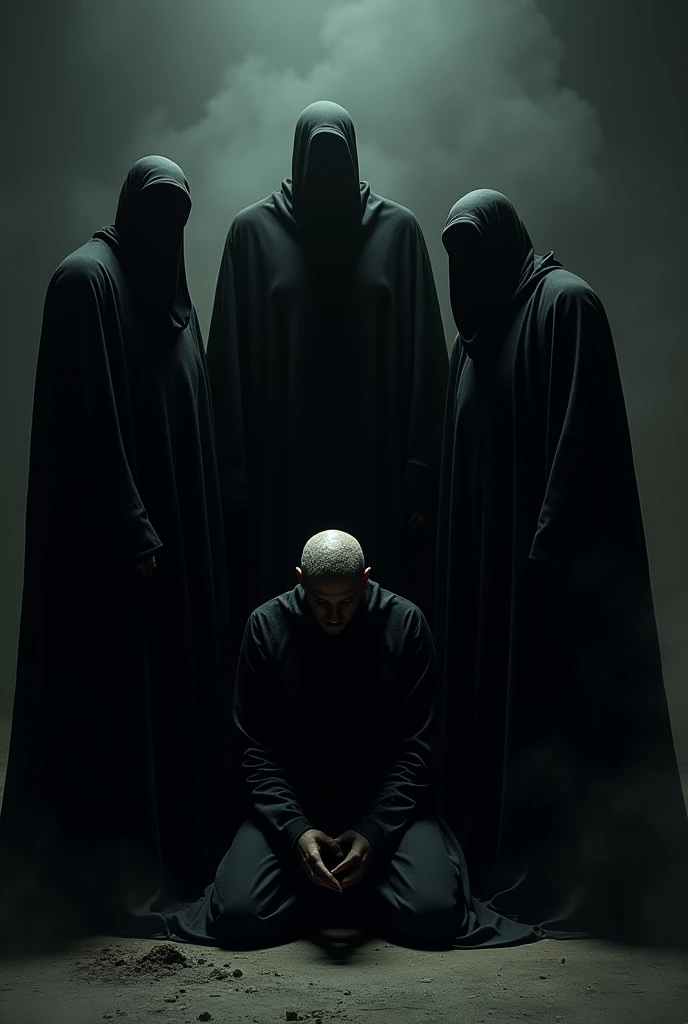 4 tall men surround a body a few meters away.  Their presence is threatening . The one of evil and torment .
 are all dressed in black ,  from head to toe .  Their bodies blending at night ,  one of them is behind the man kneeling on the ground 