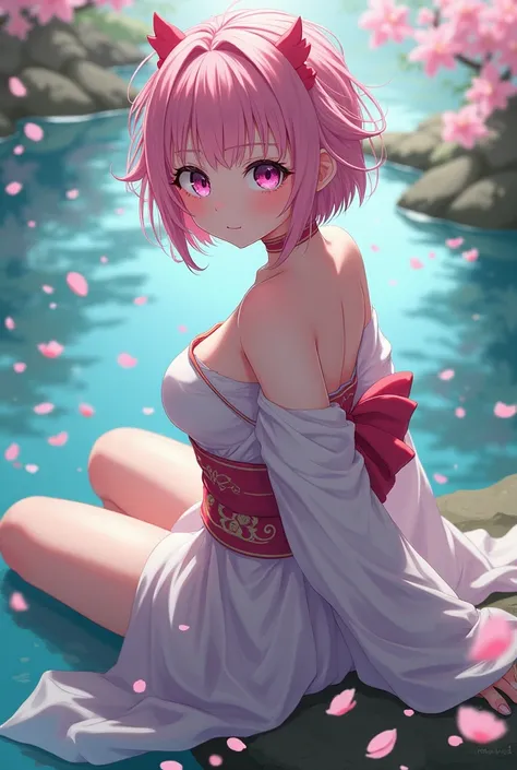 Woman with short hair pastel pink messy with bangs while  ,The right eye pink and the different eye the left one black with a white skin anime and a Japanese dress fights sitting on the side of a stream with petals big breasts