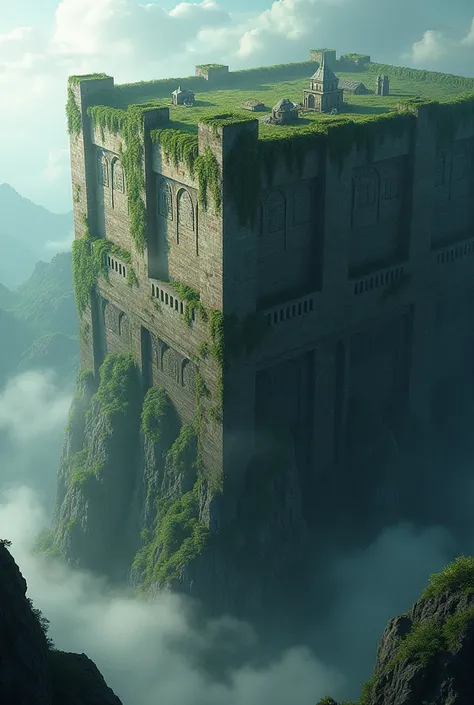 The big stone wall , top-down corner . fog,  is dark and the stone wall is old and covered in plants and moss. The style between cartoon and anime . The wall should be something like a wall of "Attack on Titan". There should be fog behind the wall and an o...