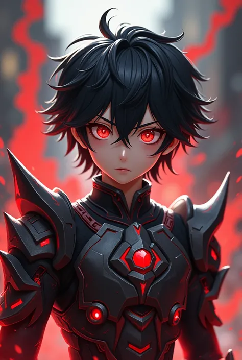  Handsome boy medium length black hair with red details, manly, young red-eyed teenager , Main cast style of the anime Dandadan invents a half-monstrous Yokai shape with armor according to the character 