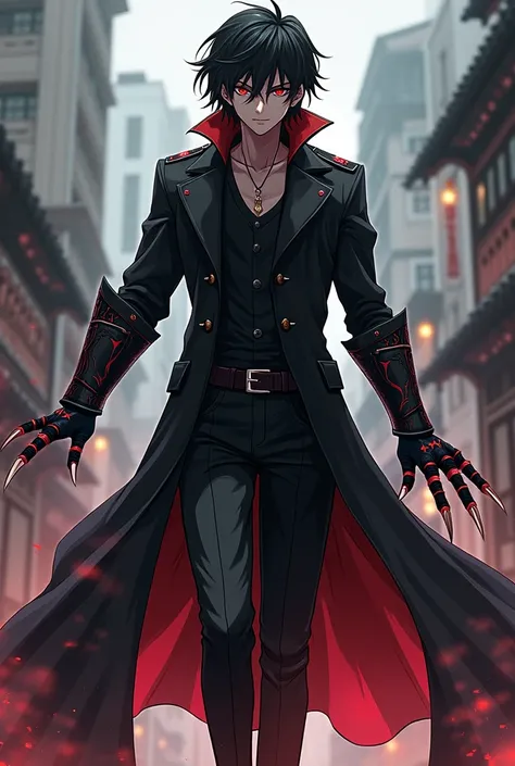  Handsome boy medium length black hair with red details, manly, young red-eyed teenager , Main cast style of the anime Dandadan invents a Yokai shape with gloves, armour claw and long black trench coat