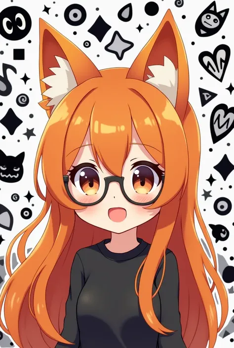 Girl with long dark orange hair wearing a black shirt with fox ears with glasses and a pose singing chibi with a pink background of black and white symbols 