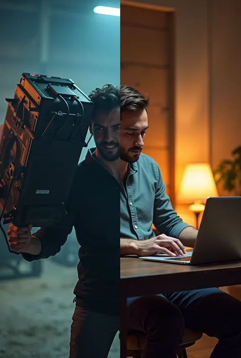 A split-screen with a person struggling to carry heavy mining rigs (Filecoin) vs. someone casually farming on their laptop (Autonomys)