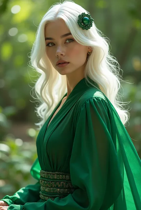 Girls with white European hair with a unique and elegant style wearing green maté clothes are in a forest or city or park