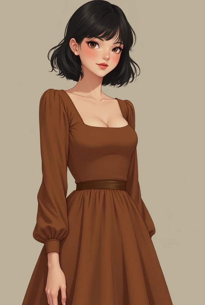  Creates the image of a girl who looks full bodied with short hair, black color,  with a brown dress , with small square neckline , long sleeves,  the princess-cut bodice , without a waistband ,  the long and medium circular skirt .