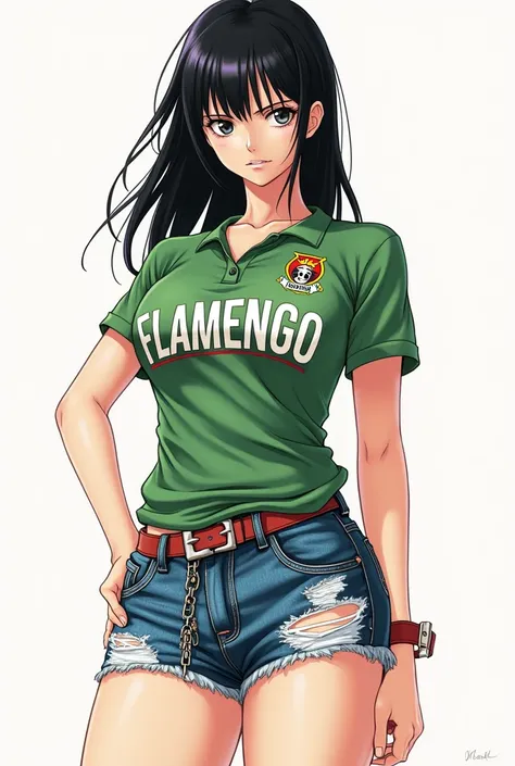 Nico Robin in the regular version of one piece with Flamengo jersey ripped denim shorts with chain
