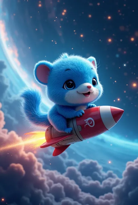 Realistic image of the Golang blue Gopher mascot  riding a rocket in galaxy