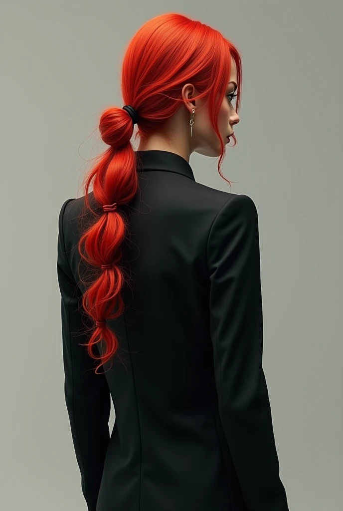 A person with red hair tied up at the bottom left and wearing black clothes