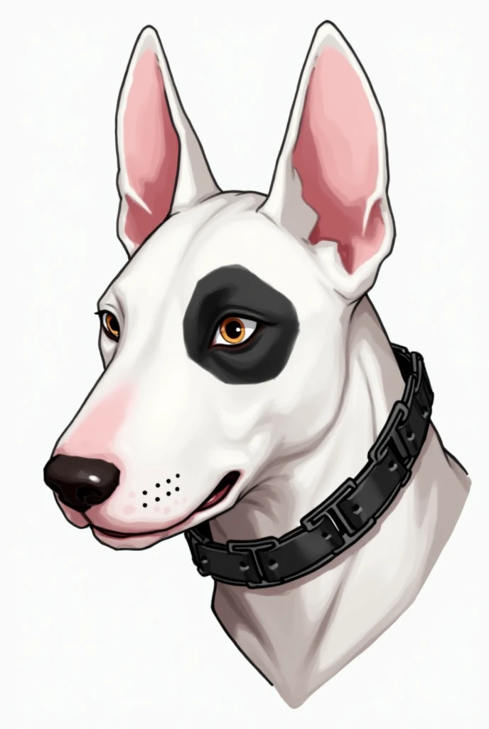 Alta resolución, Illustration of a bull terriers head, showcasing a predominantly white coat with a distinctive black patch over one eye. The dogs ears are upright and pointed, characteristic of the breed. A black collar with a chain detail rests around it...