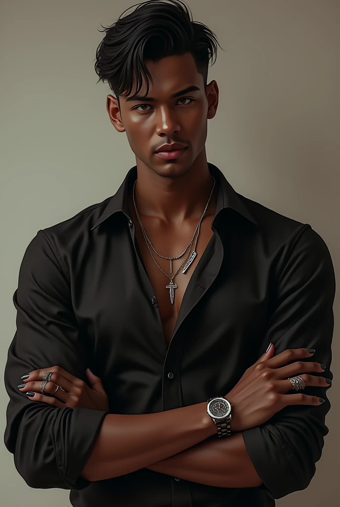  Creates a medium-bodied male avatar light honey eyes his short black hair dark skin thin lips thin nose his black shirt with two open buttons on the top and rolled sleeves, a pair of necklaces on his neck ,  some ties handles on his right hand ,several ri...