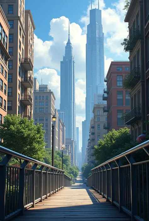 Create a background for an image that is of a city ,  with realistic style ,  with tall buildings from a ground perspective, with a handrail in front , being a realistic city.