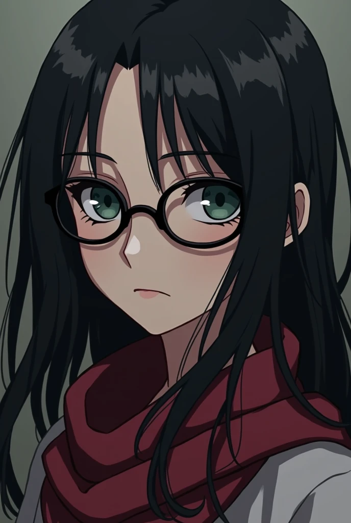 Sakura Haruno but with black hair and dark colored glasses and eyes 