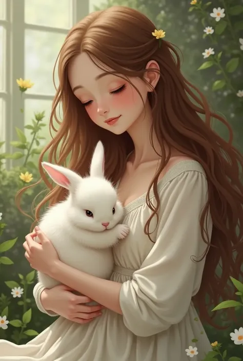  with long brown hair holding a white fluffy bunny