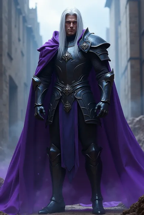 Young and handsome medieval knight in black armor and purple cape. tall and loud, with long straight silver hair and purple eyes . with a supernatural aura 