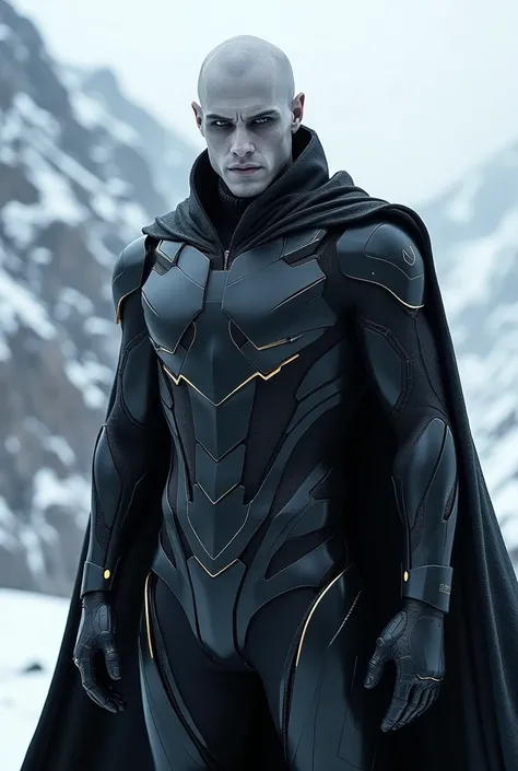 humanoid male alien,pale skin,no hair,no eyebrows,black futuristic hitech armor,black cape,in the background snow-capped mountains