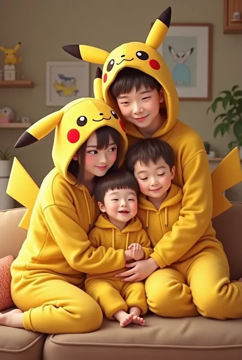 Family in pikachu kigurumi pajamas
