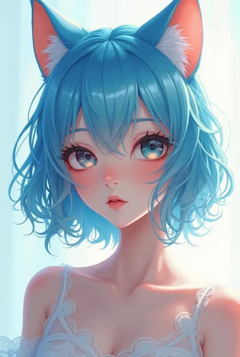 Cute girl nude, with cat ears,blue hair
