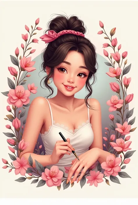 Create logo for my nail salon with the name of Nina cute nails surrounded by background flowers painting nails on a woman 