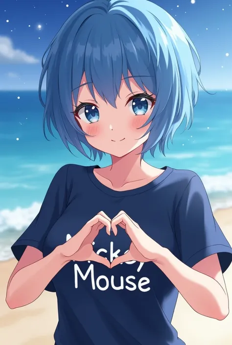 anime,  the face of a beautiful woman , short blue hair, blue eyes,  navy blue t-shirt with  "Mickey mouse",  print making the shape of a heart with the big finger and the index finger of the right hand, Daytime star background ,  on the beach.  smiling.