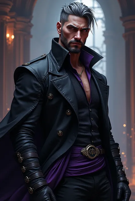 ((Male, goatee, Black hair, short hair, wolf haircut, adult, white skin, Red eyes, wolf hair cut, strands of hair over forehead, calm face, realistic, Strands of white hair,  , slight wrinkles, Imposing, very handsome,Leather overcoat, black clothes, athle...