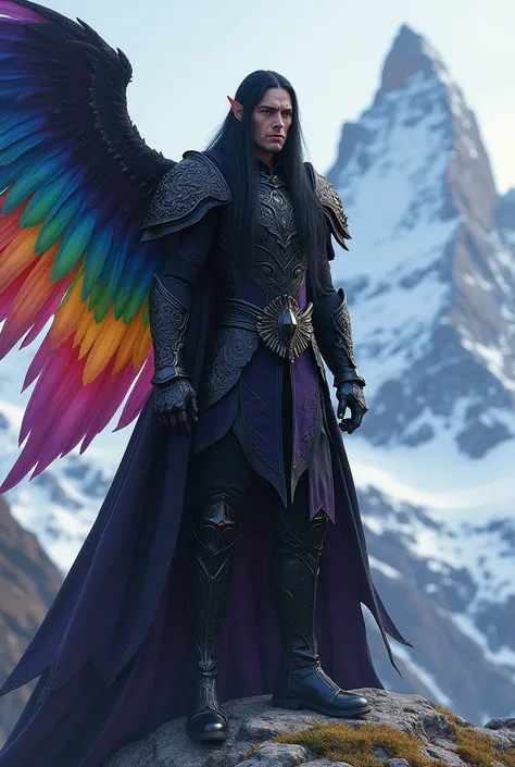 elven male,long black hair,yellow-gold eyes,black and dark purple armor,rainbow wings,in the background snow-capped mountains