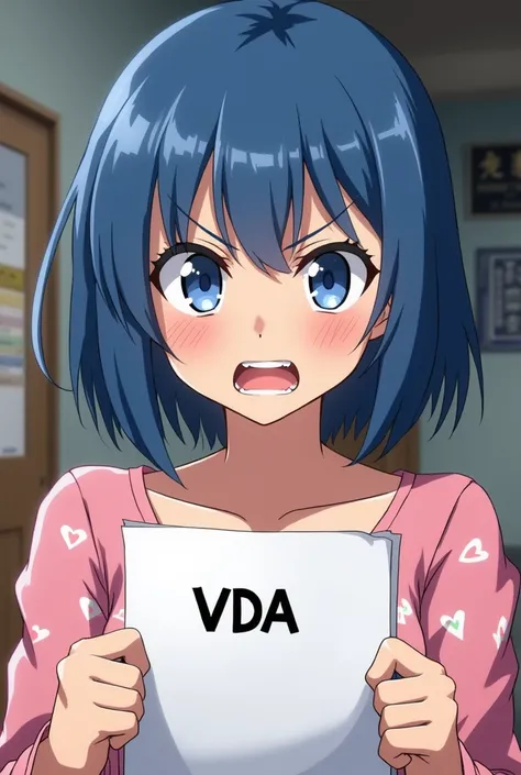 anime,  the face of a beautiful woman , short blue hair, blue eyes,  pink blouse with heart butterfly print, furious look, angry face, holding a sheet of paper with the word VDA. bottom of a quarter, Wrestling title on the wall . 