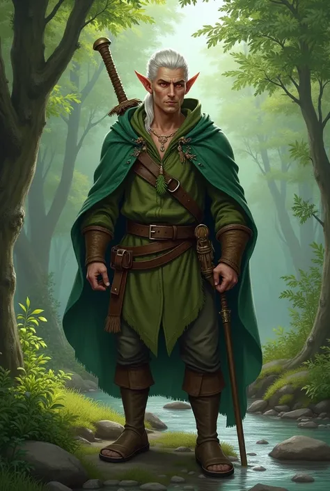 A Druid half-elf  , man, around , in a forest,   beside a stream  , strong body,   short hair, white hair,   red eyes,    medium height   ,   green and brown clothes  , hair ornament,   ponytail  , elf ears, hood,   Full body angle  ,   necklace with pine-...