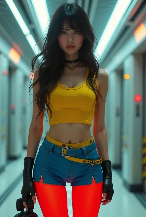 Unreal Engine:1.4,Ultra realistic CG K, photorealistic :1.4, Textura de la piel:1.4, masterpiece :1.4, Beautiful woman with long hair hat、Ropa corta estilo cyberpunk color amarillo, pantimedias red , mini skirt blue,
