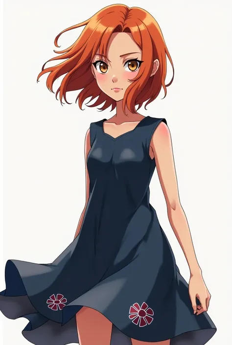 You could create an image of a 15-year-old girl in the style of Naruto with dark orange hair and dark brown eyes, with a dark blue dress 