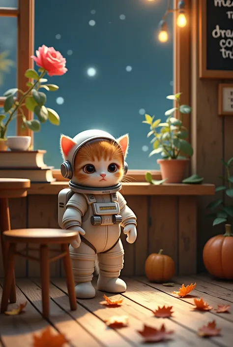 Do you have like a kind of like Boullet Journal wherever it is:  is an astronaut kitten , café, dry leaves, books, rose, and a phrase that says:  dreams come true  