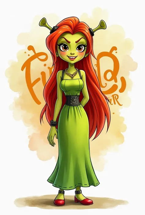 A watercolor illustration of a cartoon-style Fiona, the wife of the ogre from the Shrek movies, standing in a lively, fun setting. She is wearing a green dress and has black and red accessories. The background contains a vibrant, bold logo with the text "F...