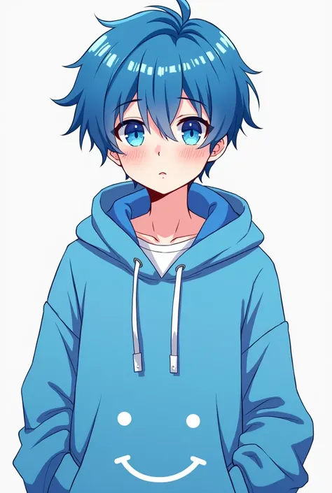 in anime, An adult boy with blue eyes, blue hair, blue hooded sweatshirt with white shirt underneath smiley  