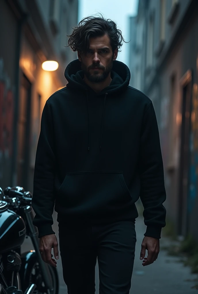 male, brown eyes, light beard, black hair, wearing a black hooded sweater, standing in a dark alley in front of a motorcycle, at night