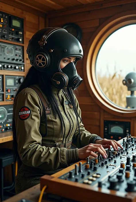 Cyberpunk scene un a Wooden cabin with  crystal luminous spheres floating inside. A cyberpunk electronic woman with rasta style and a black vintage soft tanker  radio com helmet with circle gogles soviet era wearing a olive drab astronaut suit and russian ...