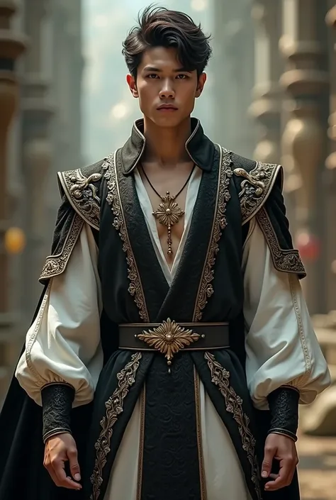  A young man wearing a traditional Caucasian costume with a black and white color decorated with gold, a fantasy world style, a good physique, a handsome young man, dark hair, serious looks