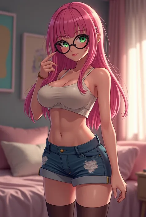 1gadis, massive breasts, small hips, green eyes, pink hair, crop top, denim shorts, Bedroom, thigh highs, oversized glasses,