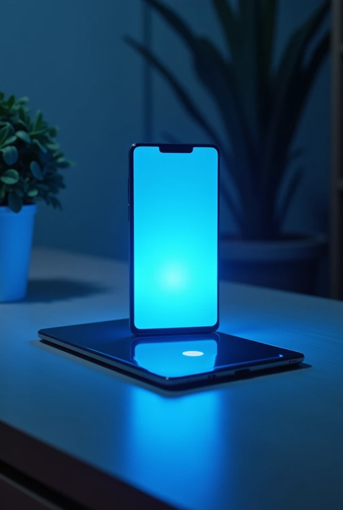 Cell phone placed on a table with a blue light coming out 