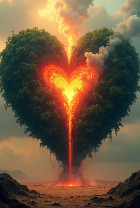 A heart made with desert, jungle snow and volcano 