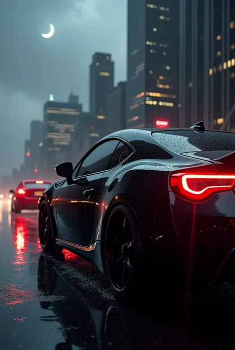 Black Toyota gt86, red lights back, black windows, night, wet road, gray and cloudy sky, dark, side view, rainy, shiny, shiny, masterpiece, cinematic, tall buildings  Busy city, night moon, dark night