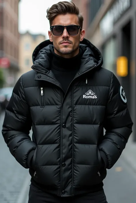 black puffer jacket with Romas logo
