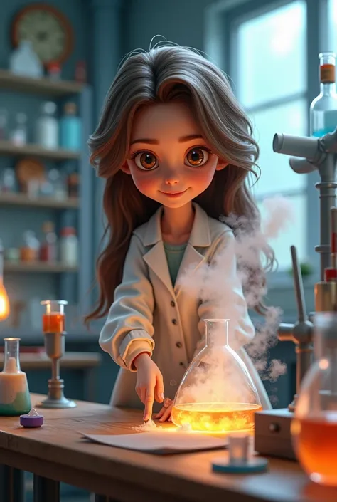 3D Pixar style personal avatar, female with long brown hair and brown eyes, wearing a lab coat, visible legs, doing an experiment in a lab, Mixing chemicals while a cloud of smoke forms, giving a serious but delighted look.