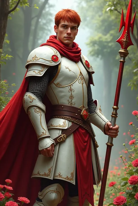 Create magic the gathering style a man with straight short red hair wearing a white metallic hauberk with red ornaments holding a red metallic spear with white ornaments in a beautiful garden 