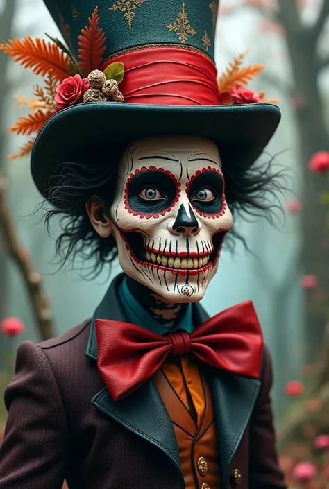 Crazy hatter with Mexican skull face painting,  Full body image 