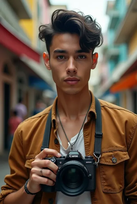 A young Brazilian man, with a video camera hanging around the neck , White,  gogó well exposed and an angular and elegant face 