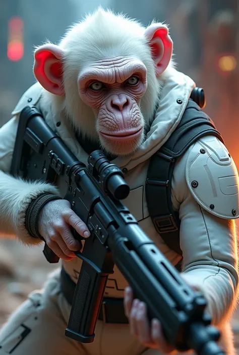  Generate the image of an anthropomorphic albino chimpanzee ,  wearing a galactic special forces suit ,  with an assault rifle in his hands with a very futuristic design,  with a very detailed and stylized design ,  style wallpaper ,  many special effects ...