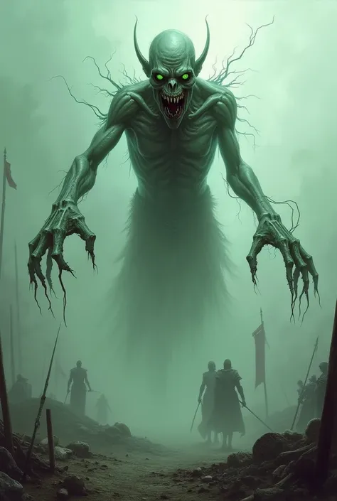 Create an image of a terrifying hybrid creature known as the "Flesh-Eater Wraith," which combines the features of a zombie with the spectral qualities of a wraith. The Flesh-Eater Wraith has a gaunt, emaciated body that appears partially transparent, with ...