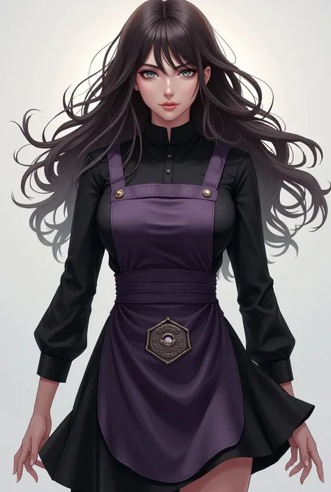 Woman with wavy hair, dark brown and long, grey eyes, with black uniform, with long sleeves and a round neckline .  The skirt will be knee-length and the ribbon of the apron ,  is purple and in the center it will have a shield that has the image of an eye ...